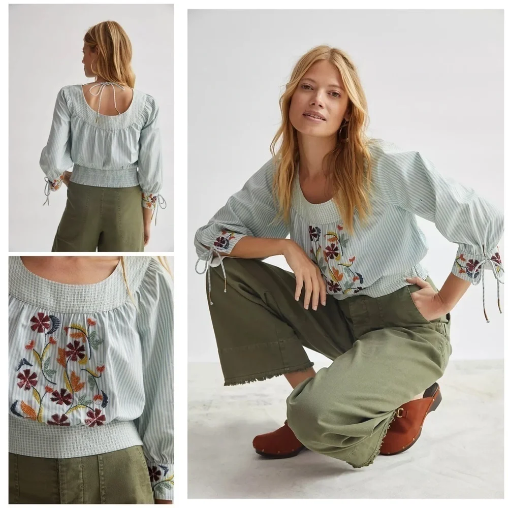 NWT by Anthropologie Pinstriped Beaded Embroidered Floral Puff-Sleeved Blouse XS